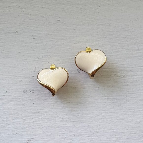 Cream Enamel Goldtone Heart Clip-On Earrings - Picture 3 of 8